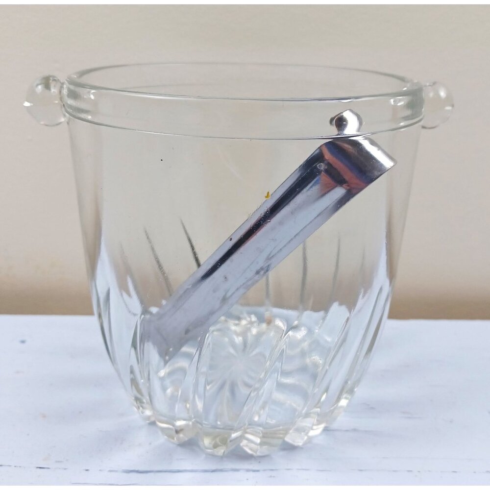 Vintage Moncayo Clear Glass Ice Bucket With Chrome Tongs 4" Tall Swirl Design